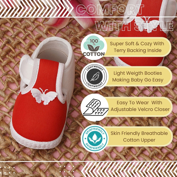 6 To 12 Months Baby Girls & Baby Boys Soft Cotton Cute Butterfly Booties (Red,White)