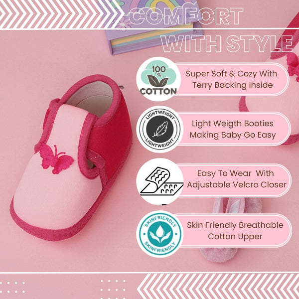 6 To 12 Months Baby Girls & Baby Boys Soft Cotton Cute Butterfly Booties (Baby Pink,Rani Pink)