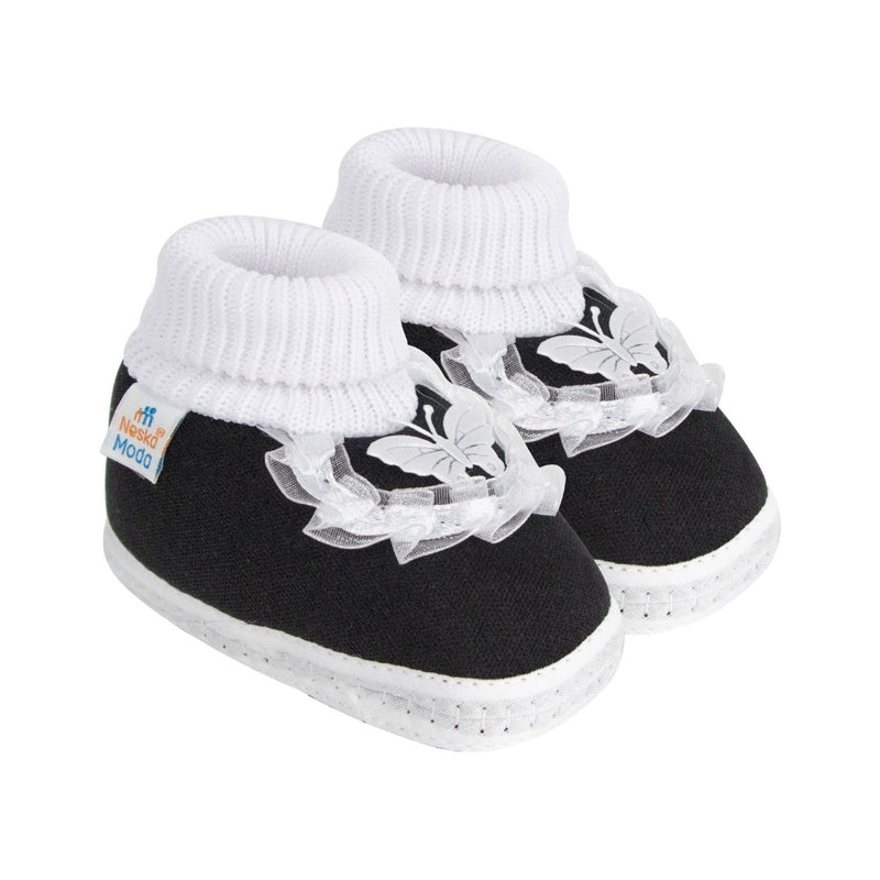 6 To 12 Months Baby Girls & Baby Boys Soft Cotton Cute Butterfly Frill Booties (Black)-BT44
