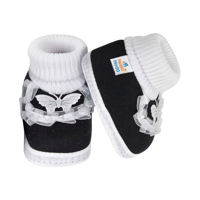 6 To 12 Months Baby Girls & Baby Boys Soft Cotton Cute Butterfly Frill Booties (Black)-BT44