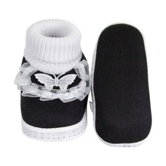 6 To 12 Months Baby Girls & Baby Boys Soft Cotton Cute Butterfly Frill Booties (Black)-BT44