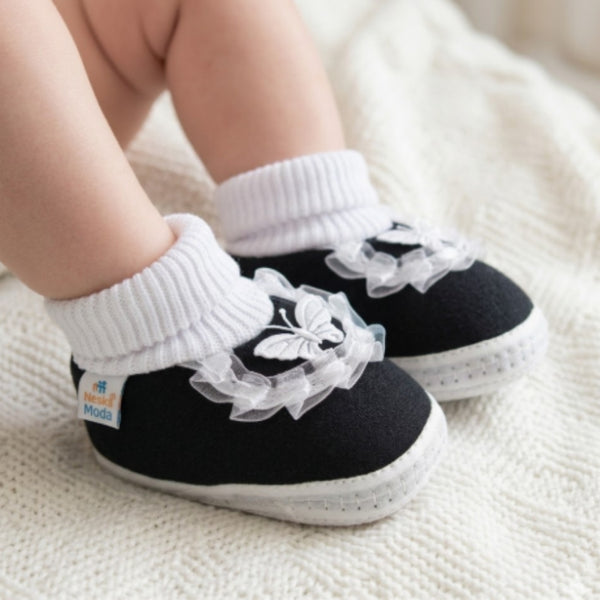 6 To 12 Months Baby Girls & Baby Boys Soft Cotton Cute Butterfly Frill Booties (Black)-BT44