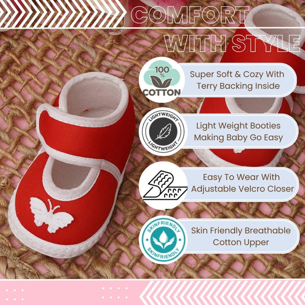 6 To 12 Months Baby Girls Soft Cotton Cute Butterfly Booties (Red)