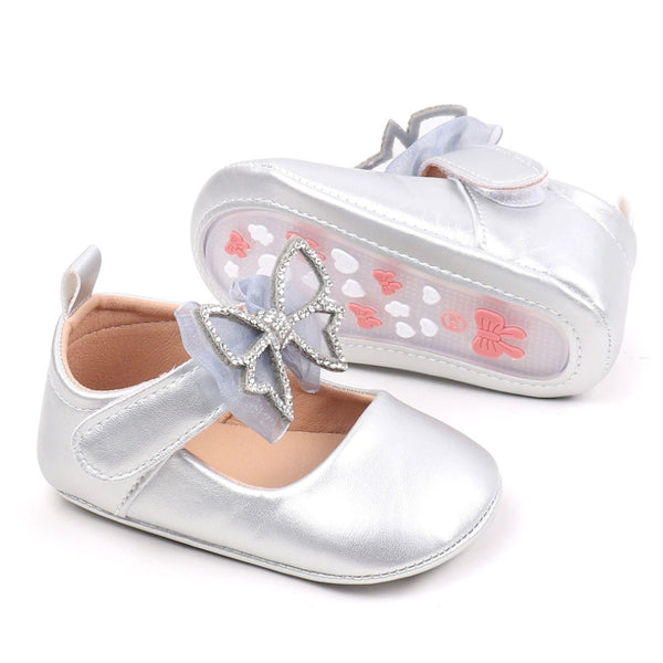 6 To 12 Months Newborn Baby Girls Belly Shoe Partywear Anti-Slip Sandal Booties (Silver)-BT4511