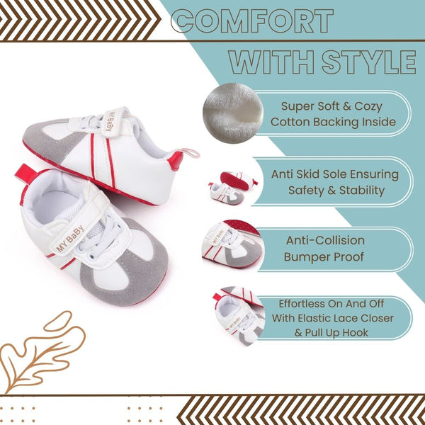 6 to 12 Months Baby Boys & Girls Synthetic Leather Shoes,Infant Non Slip Velcro Booties (White,Red)-BT4512