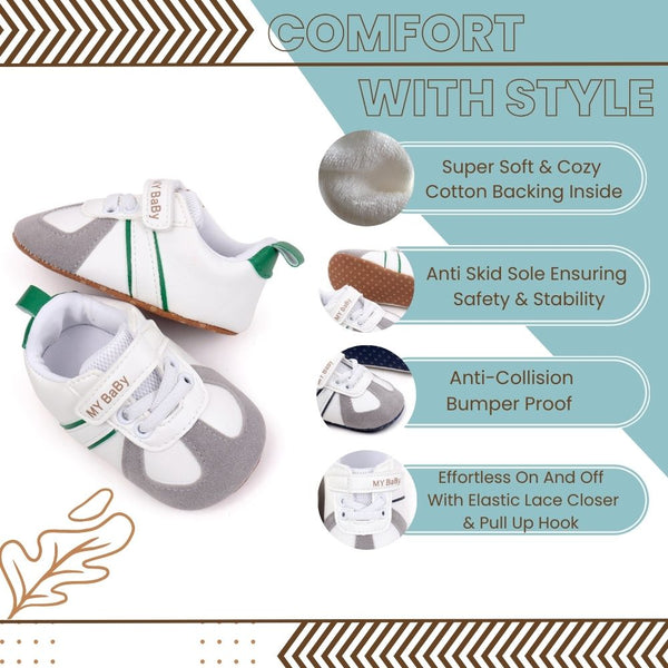 6 to 12 Months Baby Boys & Girls Synthetic Leather Shoes,Infant Non Slip Velcro Booties (White,Green)-BT4513