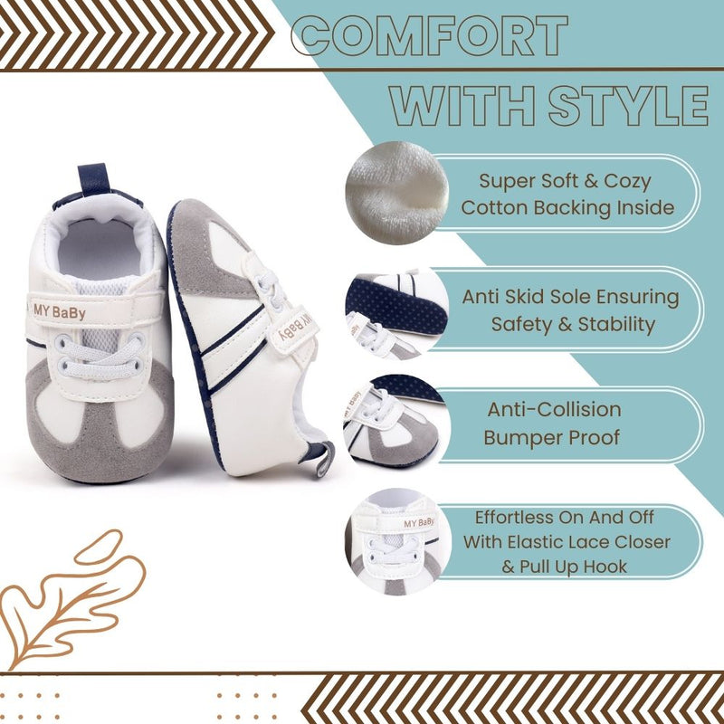 6 to 12 Months Baby Boys & Girls Synthetic Leather Shoes,Infant Non Slip Velcro Booties (White,Blue)-BT4514