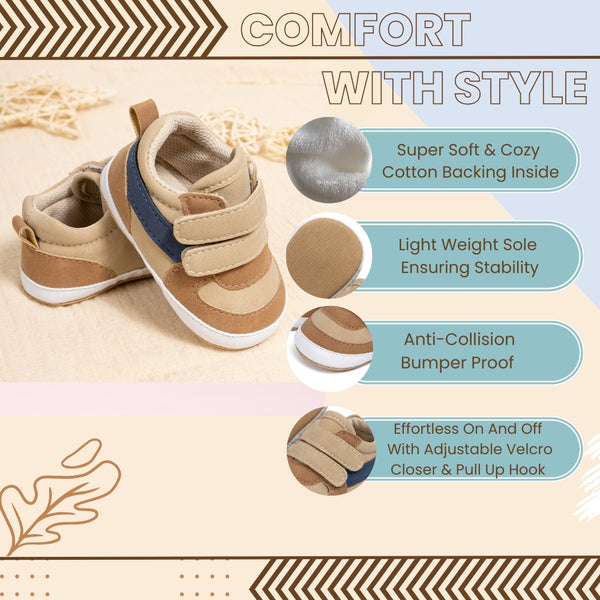 6 to 12 Months Baby Boys Synthetic Leather Shoes,Infant Non Slip Sole Velcro Booties (Beige)-BT4520
