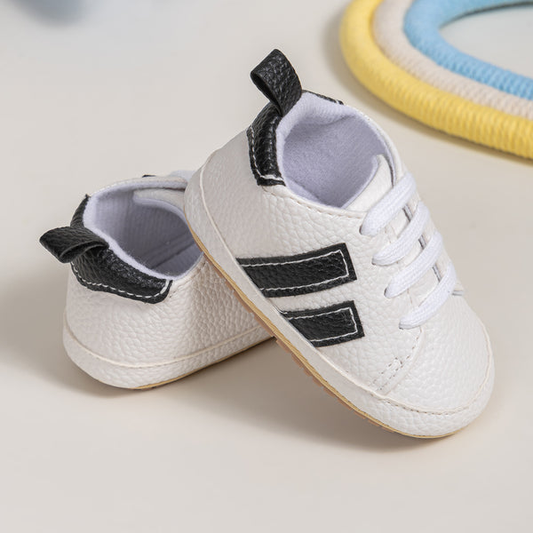 6 to 12 Months Baby Boys Synthetic Leather Shoes,Infant Non Slip Sole Lace Booties (White,Black)-BT4521