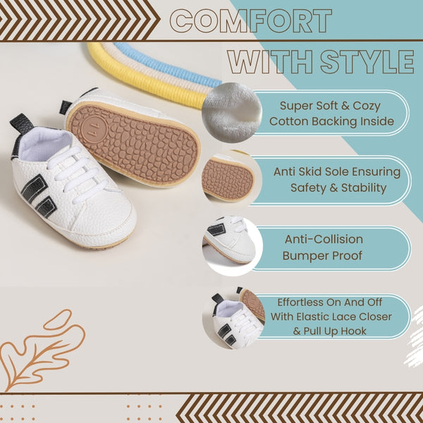 6 to 12 Months Baby Boys Synthetic Leather Shoes,Infant Non Slip Sole Lace Booties (White,Black)-BT4521