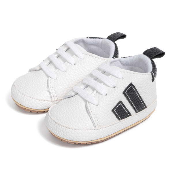 6 to 12 Months Baby Boys Synthetic Leather Shoes,Infant Non Slip Sole Lace Booties (White,Black)-BT4521