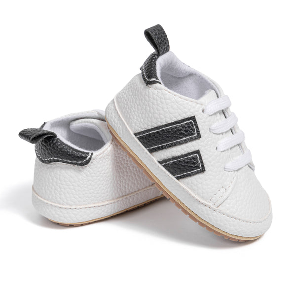6 to 12 Months Baby Boys Synthetic Leather Shoes,Infant Non Slip Sole Lace Booties (White,Black)-BT4521