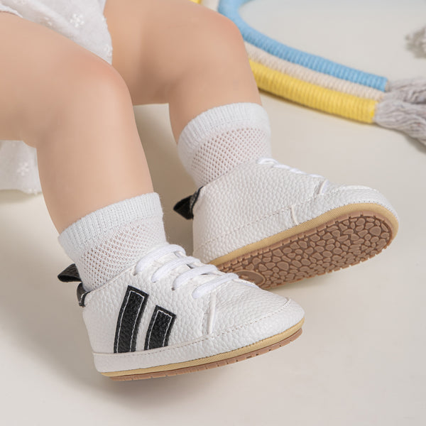 6 to 12 Months Baby Boys Synthetic Leather Shoes,Infant Non Slip Sole Lace Booties (White,Black)-BT4521