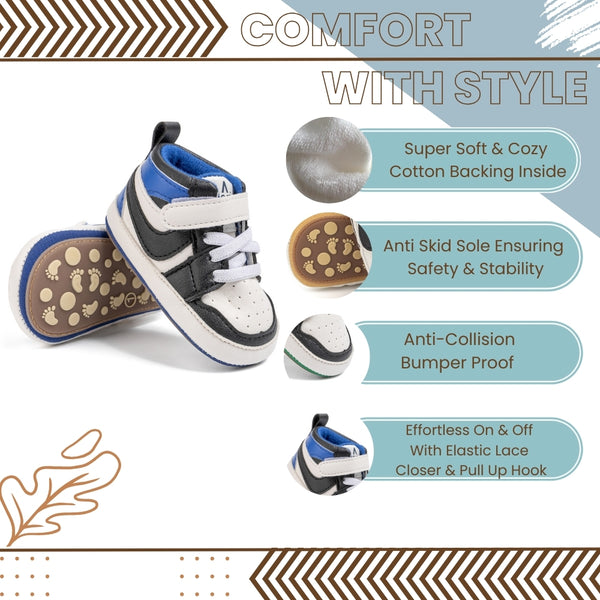 6 to 12 Months Baby Boys Synthetic Leather Shoes,Infant Non Slip Sole Velcro Booties (White,Blue)-BT4524