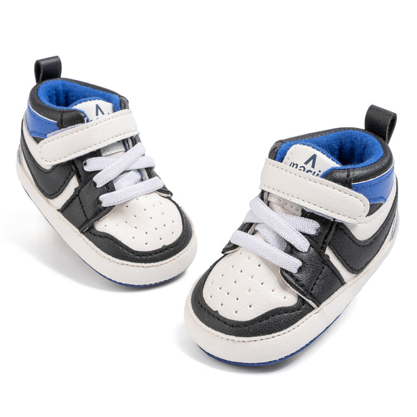 6 to 12 Months Baby Boys Synthetic Leather Shoes,Infant Non Slip Sole Velcro Booties (White,Blue)-BT4524