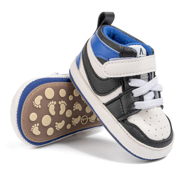 6 to 12 Months Baby Boys Synthetic Leather Shoes,Infant Non Slip Sole Velcro Booties (White,Blue)-BT4524