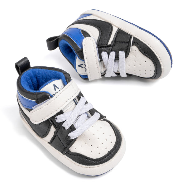6 to 12 Months Baby Boys Synthetic Leather Shoes,Infant Non Slip Sole Velcro Booties (White,Blue)-BT4524