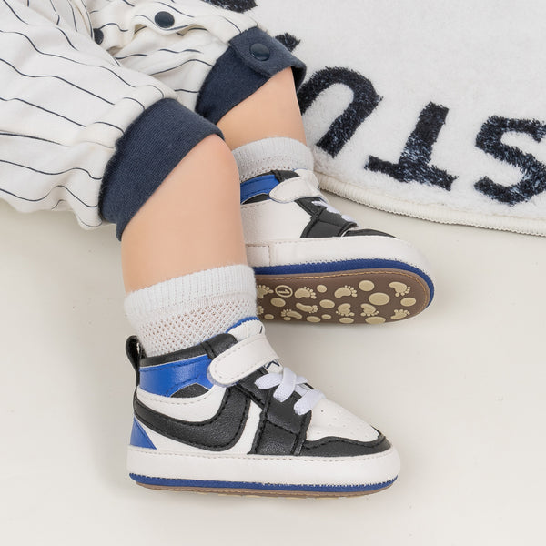 6 to 12 Months Baby Boys Synthetic Leather Shoes,Infant Non Slip Sole Velcro Booties (White,Blue)-BT4524
