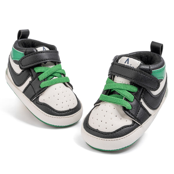 6 to 12 Months Baby Boys Synthetic Leather Shoes,Infant Non Slip Sole Velcro Booties (White,Green)-BT4525