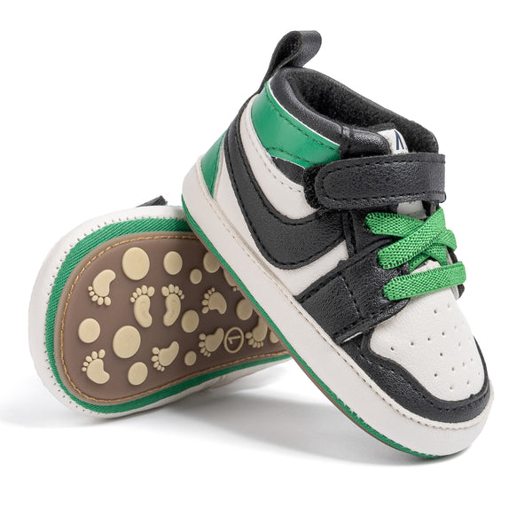 6 to 12 Months Baby Boys Synthetic Leather Shoes,Infant Non Slip Sole Velcro Booties (White,Green)-BT4525