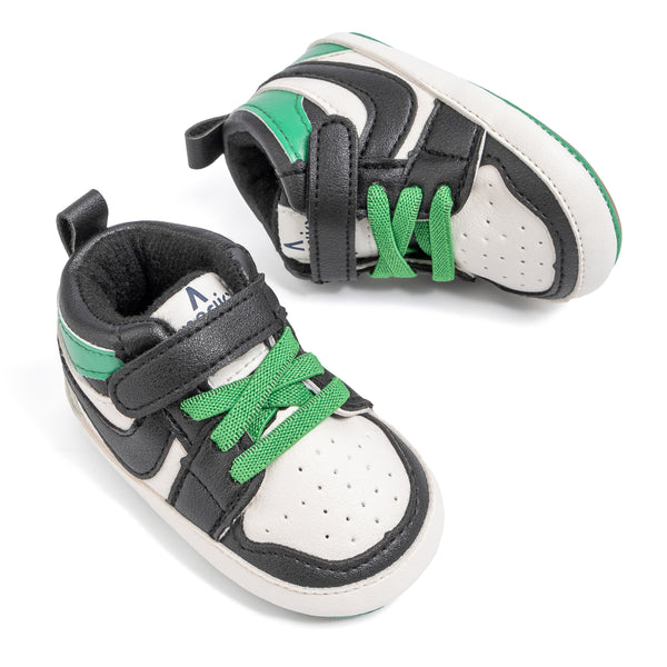 6 to 12 Months Baby Boys Synthetic Leather Shoes,Infant Non Slip Sole Velcro Booties (White,Green)-BT4525