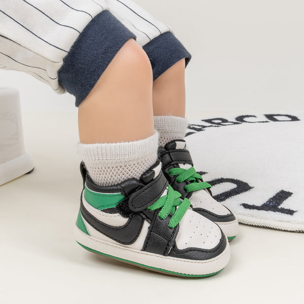 6 to 12 Months Baby Boys Synthetic Leather Shoes,Infant Non Slip Sole Velcro Booties (White,Green)-BT4525