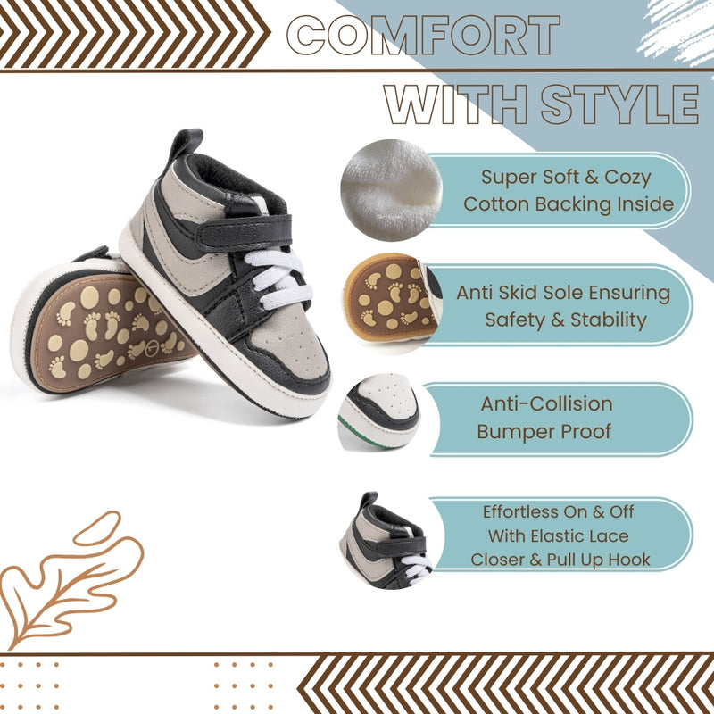 6 to 12 Months Baby Boys Synthetic Leather Shoes,Infant Non Slip Sole Velcro Booties (Black,Grey)-BT4526