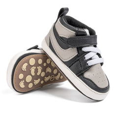 6 to 12 Months Baby Boys Synthetic Leather Shoes,Infant Non Slip Sole Velcro Booties (Black,Grey)-BT4526