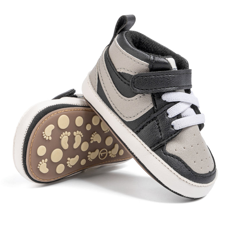 6 to 12 Months Baby Boys Synthetic Leather Shoes,Infant Non Slip Sole Velcro Booties (Black,Grey)-BT4526