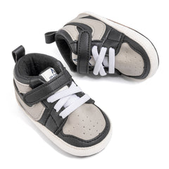 6 to 12 Months Baby Boys Synthetic Leather Shoes,Infant Non Slip Sole Velcro Booties (Black,Grey)-BT4526