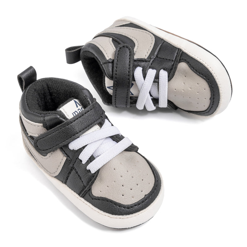 6 to 12 Months Baby Boys Synthetic Leather Shoes,Infant Non Slip Sole Velcro Booties (Black,Grey)-BT4526