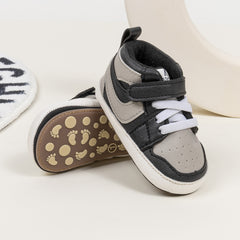 6 to 12 Months Baby Boys Synthetic Leather Shoes,Infant Non Slip Sole Velcro Booties (Black,Grey)-BT4526