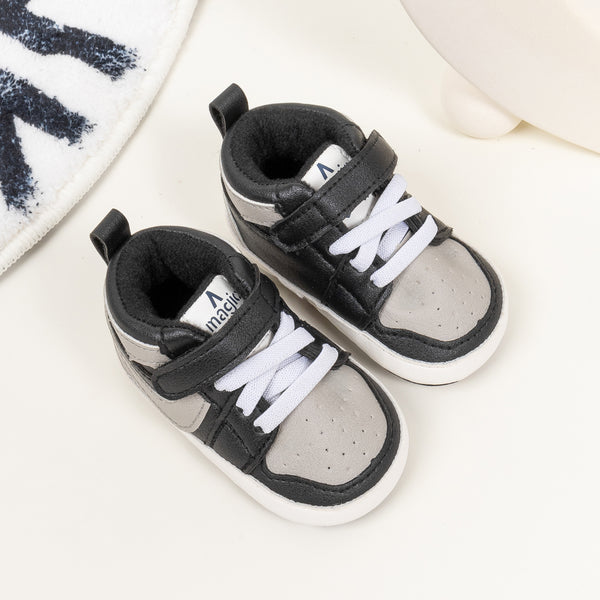 6 to 12 Months Baby Boys Synthetic Leather Shoes,Infant Non Slip Sole Velcro Booties (Black,Grey)-BT4526