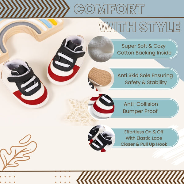 6 to 12 Months Baby Boys Synthetic Leather Shoes,Infant Non Slip Sole Velcro Booties (Black,Red)-BT4527