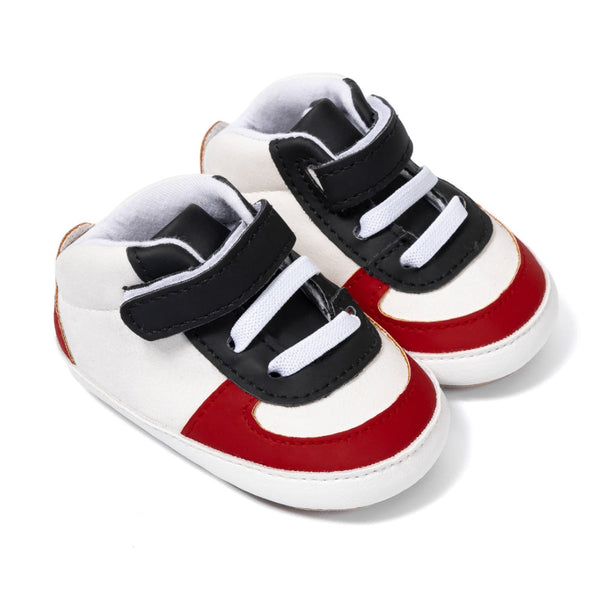 6 to 12 Months Baby Boys Synthetic Leather Shoes,Infant Non Slip Sole Velcro Booties (Black,Red)-BT4527