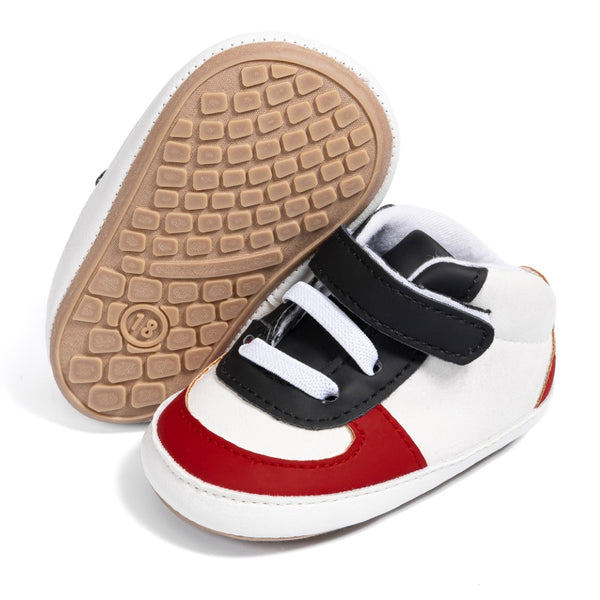6 to 12 Months Baby Boys Synthetic Leather Shoes,Infant Non Slip Sole Velcro Booties (Black,Red)-BT4527