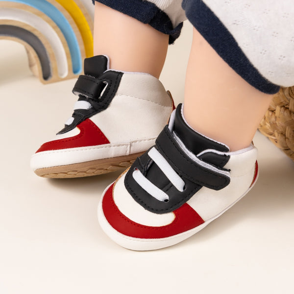 6 to 12 Months Baby Boys Synthetic Leather Shoes,Infant Non Slip Sole Velcro Booties (Black,Red)-BT4527
