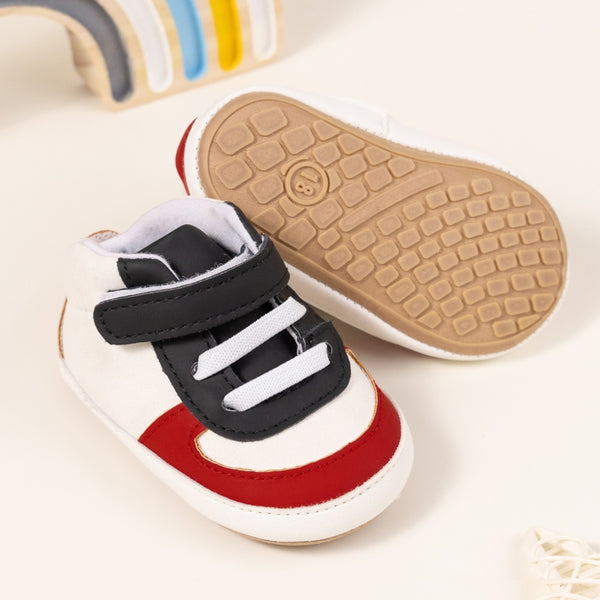 6 to 12 Months Baby Boys Synthetic Leather Shoes,Infant Non Slip Sole Velcro Booties (Black,Red)-BT4527