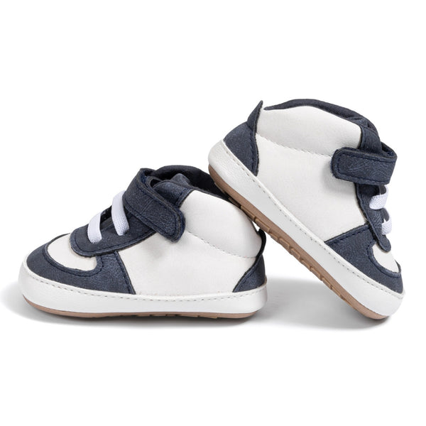 6 to 12 Months Baby Boys Synthetic Leather Shoes,Infant Non Slip Sole Velcro Booties (White,Blue)-BT4528