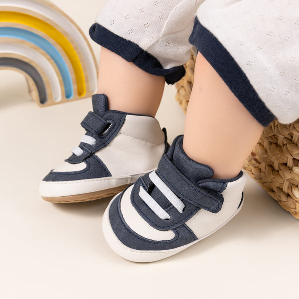 6 to 12 Months Baby Boys Synthetic Leather Shoes,Infant Non Slip Sole Velcro Booties (White,Blue)-BT4528