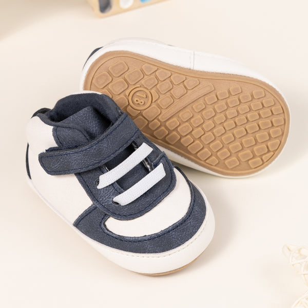 6 to 12 Months Baby Boys Synthetic Leather Shoes,Infant Non Slip Sole Velcro Booties (White,Blue)-BT4528