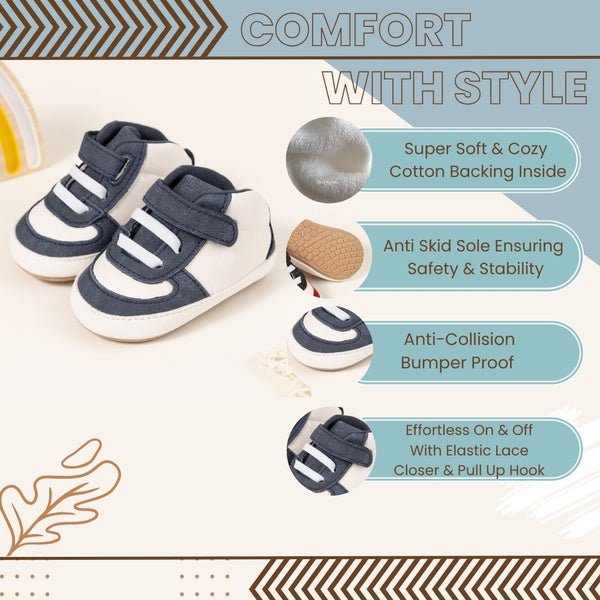 6 to 12 Months Baby Boys Synthetic Leather Shoes,Infant Non Slip Sole Velcro Booties (White,Blue)-BT4528
