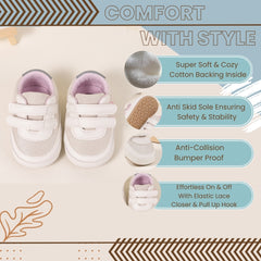 6 to 12 Months Baby Girls Shoes,Infant Non Slip Soft Sole Sneakers, Velcro Booties (White)-BT4529