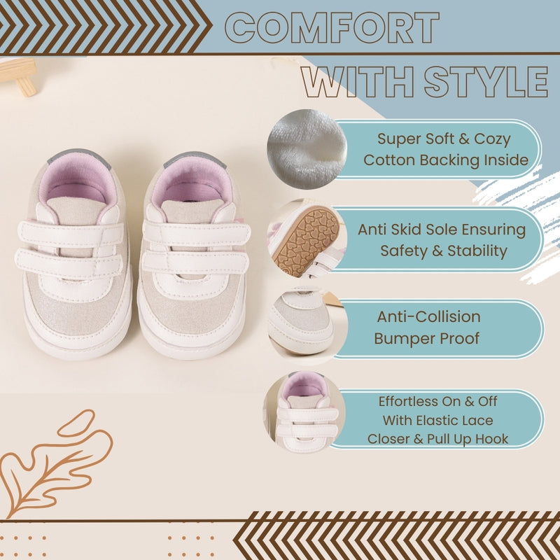 6 to 12 Months Baby Girls Shoes,Infant Non Slip Soft Sole Sneakers, Velcro Booties (White)-BT4529
