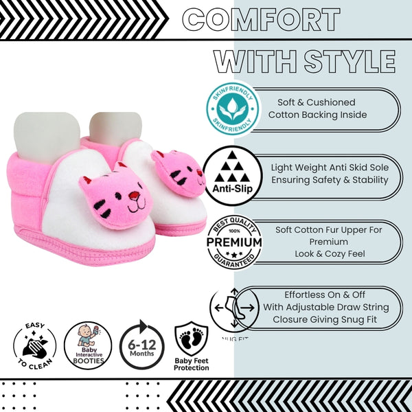 Baby Unisex Cotton Cat Face White,Pink Lace Booties-BT453