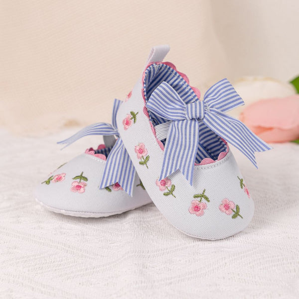 6 To 12 Months Newborn Baby Girls Belly Shoe Partywear Floral Anti-Slip Sandal Booties (White)-BT4535