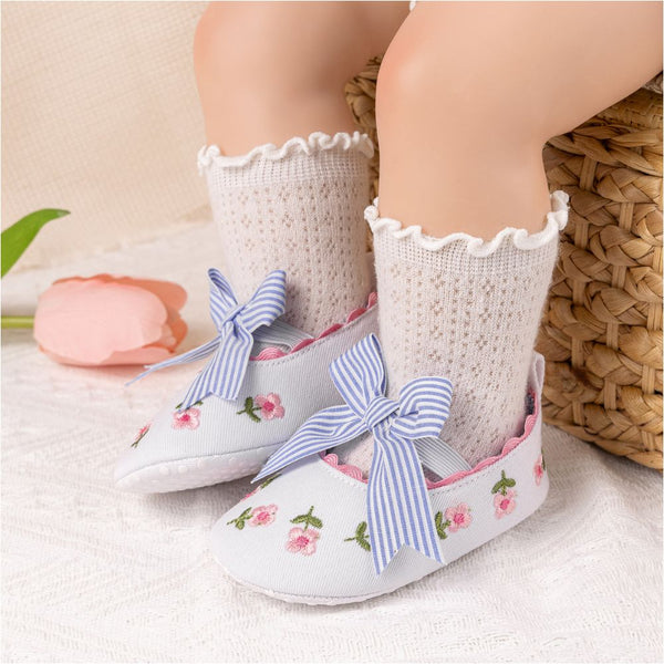 6 To 12 Months Newborn Baby Girls Belly Shoe Partywear Floral Anti-Slip Sandal Booties (White)-BT4535