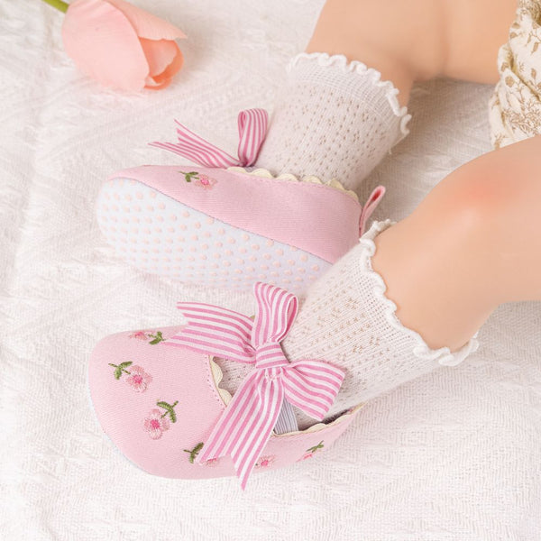 6 To 12 Months Newborn Baby Girls Belly Shoe Partywear Floral Anti-Slip Sandal Booties (Pink)-BT4536
