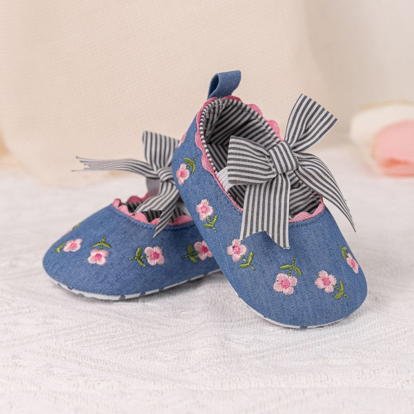 6 To 12 Months Newborn Baby Girls Belly Shoe Partywear Floral Anti-Slip Sandal Booties (Blue)-BT4537