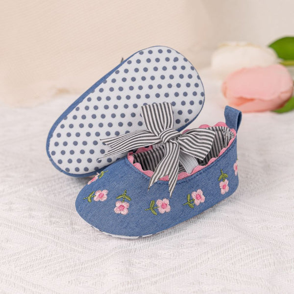 6 To 12 Months Newborn Baby Girls Belly Shoe Partywear Floral Anti-Slip Sandal Booties (Blue)-BT4537